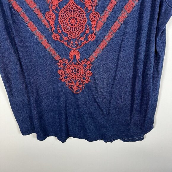 Lucky Brand Women Navy Blue & Red Embroidered Cold Shoulder Blouse Top Sz LARGE - Picture 5 of 11